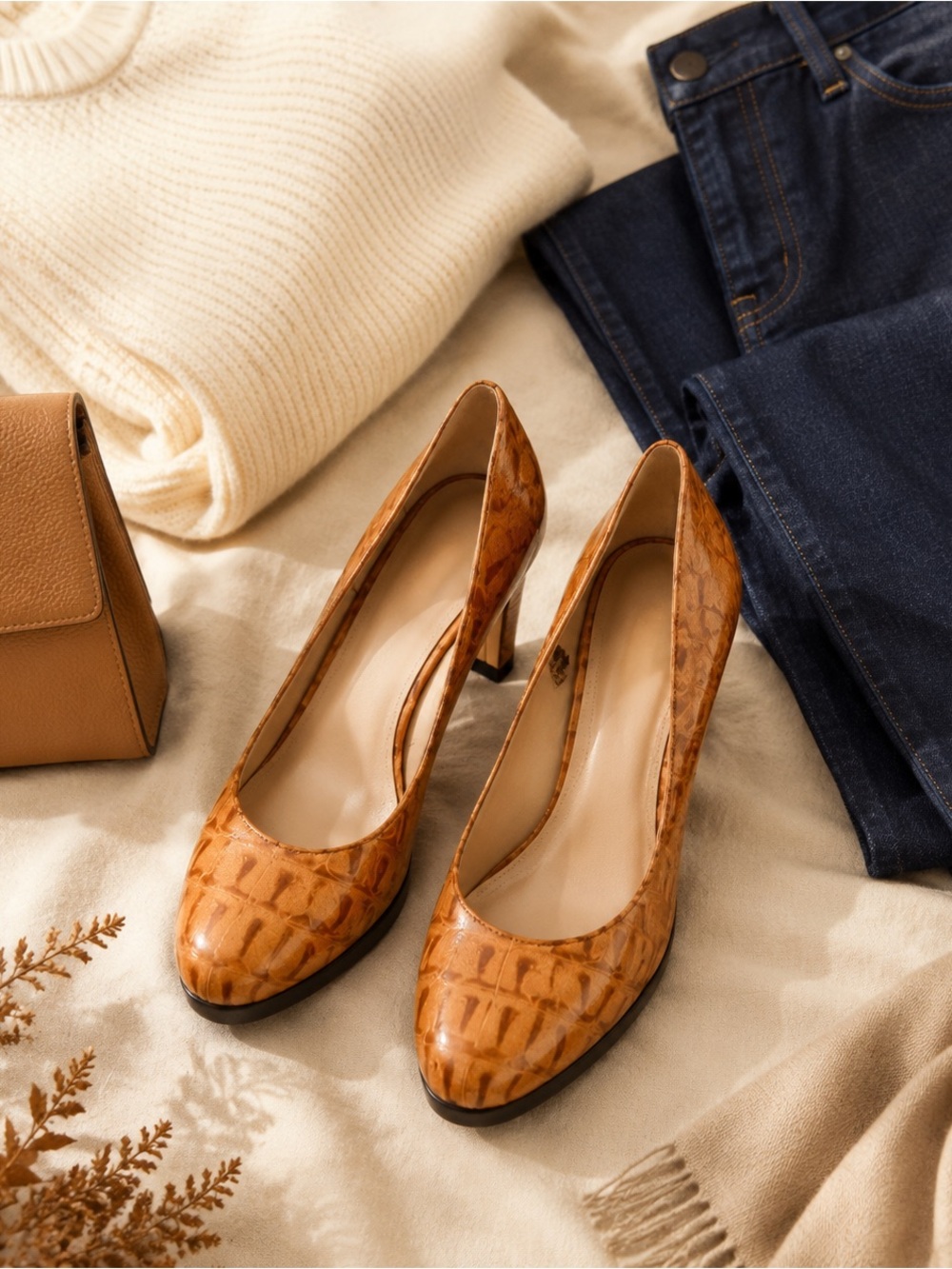Talbots Tan Croc Embossed Leather Pointed Toeโ Pumps Heels 9.5AA Narrow Cognac